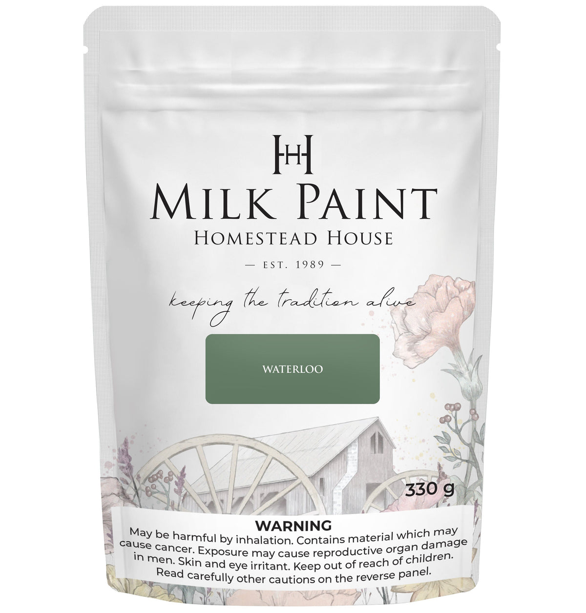 330 g bag of Homestead House Waterloo Green Milk Paint with floral art and a warning label at the bottom.