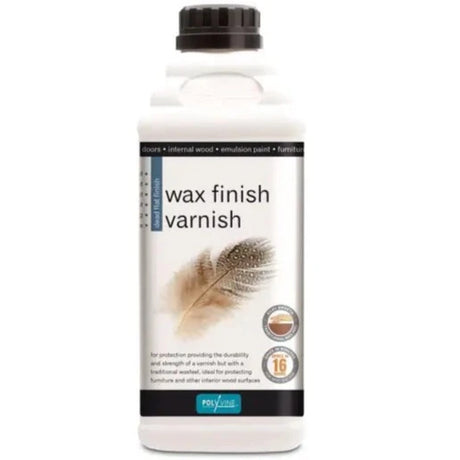 Polyvine Wax Finish Varnish Dead Flat Finish bottle for wood protection, featuring a feather label.