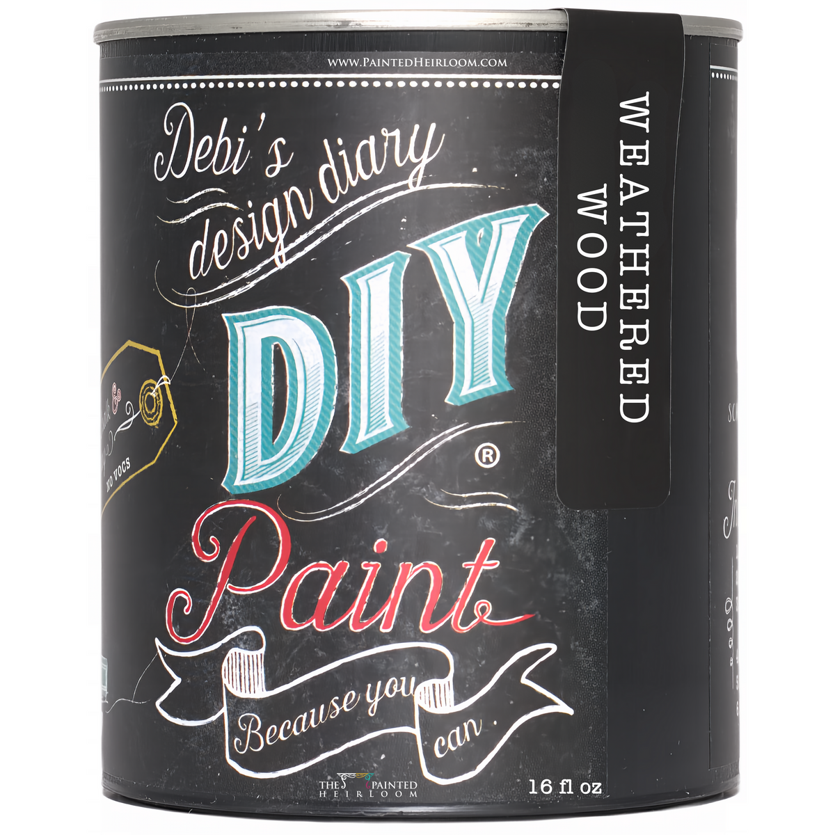 16 fl oz can of DIY Paint Co. Weathered Wood, eco-friendly clay and chalk based paint with script label.