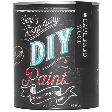 16 fl oz can of DIY Paint Co. Weathered Wood, eco-friendly clay and chalk based paint with script label.