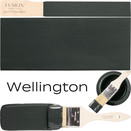 Wellington Fusion Mineral Paint in green-grey with paintbrush, shown from multiple angles.