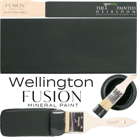 Brush and swatch display Wellington Fusion Mineral Paint, a deep green-grey charcoal shade by Fusion Mineral Paint.