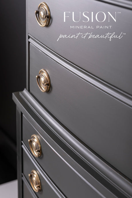Gray dresser with brass handles, painted Wellington by Fusion Mineral Paint.