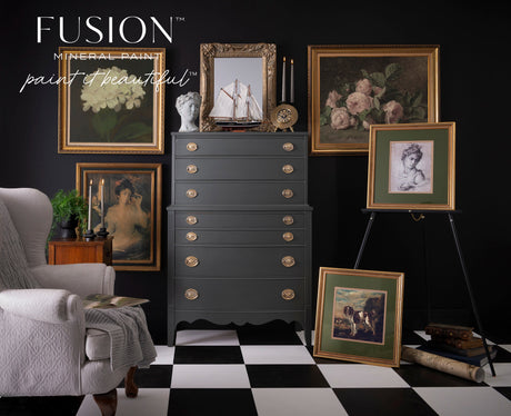 Dresser in Wellington Fusion Mineral Paint with framed art, books, and sailboat on a black-and-white checkered floor.