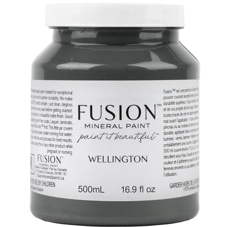 500mL jar of Wellington Fusion Mineral Paint, a green-grey charcoal acrylic.