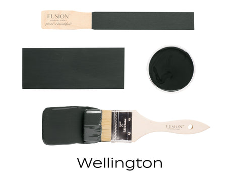 Paintbrush with swatches showing Wellington, a green-grey charcoal shade by Fusion Mineral Paint.