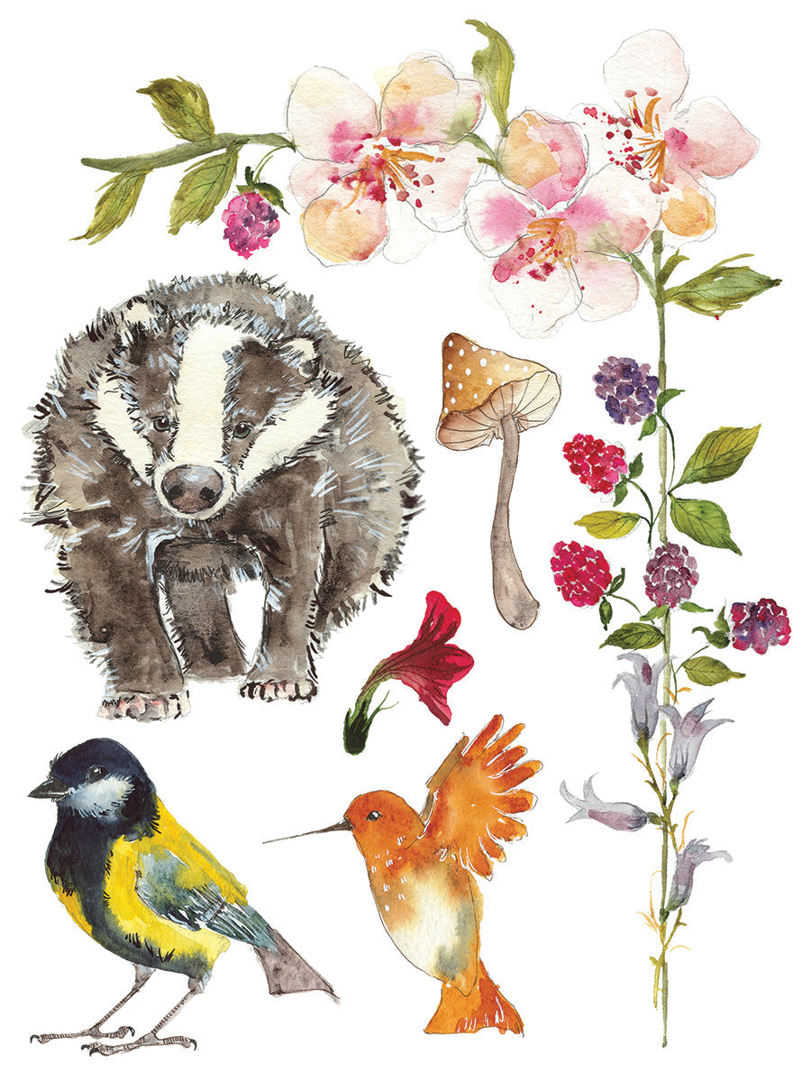 Whispering Willow Transfer by IOD featuring badger, birds, and florals, from Iron Orchid Designs.