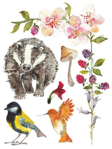 Whispering Willow Transfer by IOD featuring badger, birds, and florals, from Iron Orchid Designs.