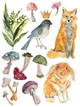 Whispering Willow Transfer by I.O.D. with watercolor-style mushrooms, fox, rabbit, and other natural elements.