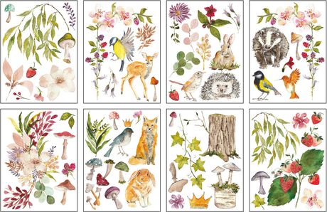 Eight cards featuring animal and floral illustrations from the Whispering Willow Transfer by I.O.D. Iron Orchid Designs.