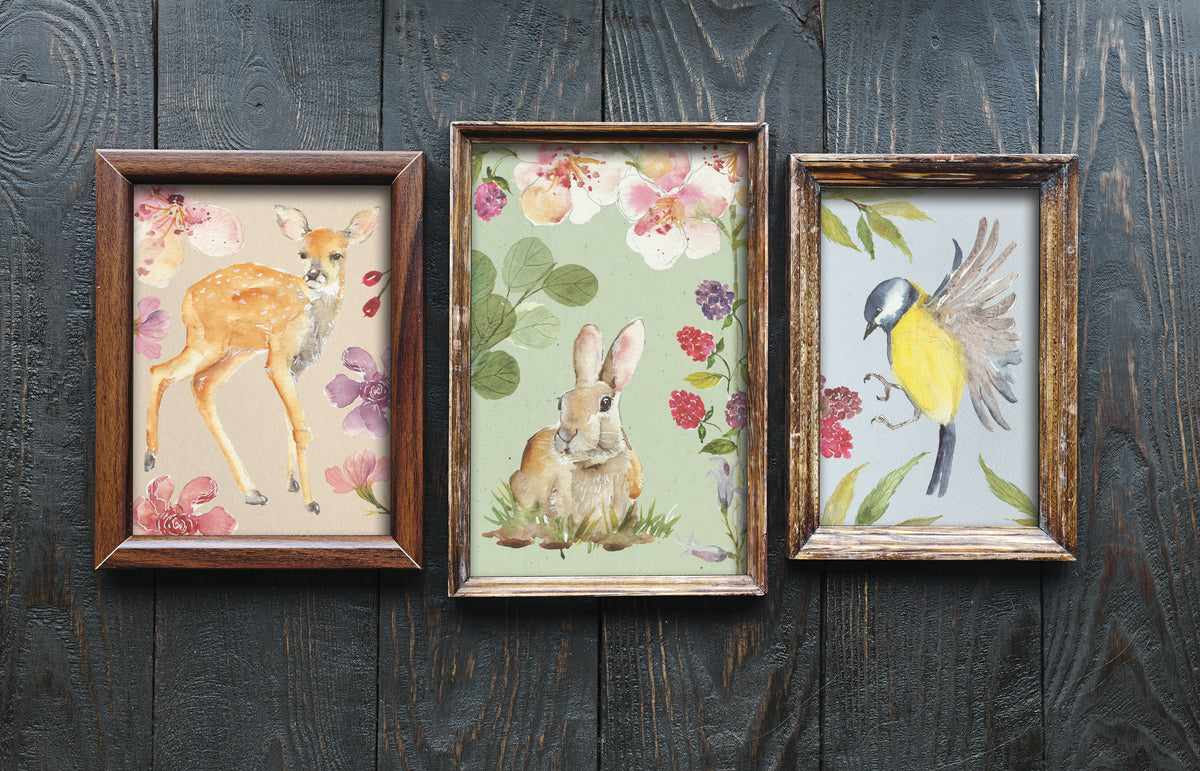 Set of three framed prints: fawn, rabbit with florals, and yellow bird art using I.O.D. Whispering Willow Transfer.