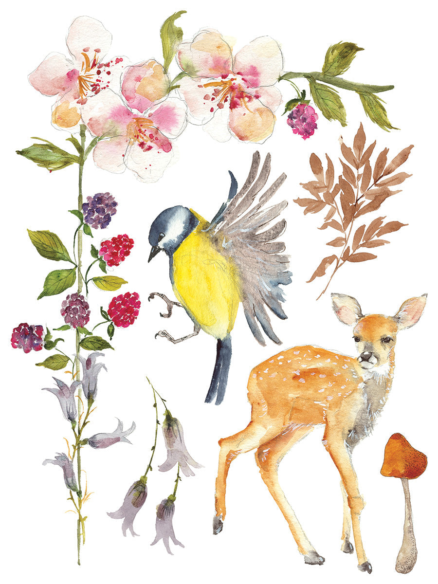 Watercolor inspired by I.O.D. Whispering Willow Transfer by Iron Orchid Designs on white background.