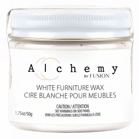 Fusion Mineral Paint White Alchemy Wax, 1.75 oz jar with bilingual label on white background.