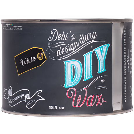 13.5 oz can of White DIY Wax by DIY Paint Co. with decorative fonts on a black label.