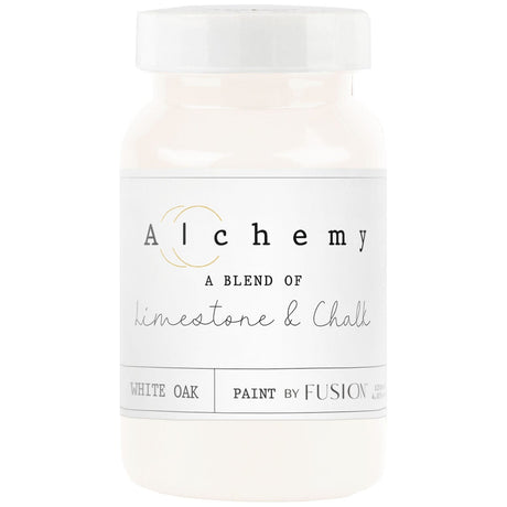 Small jar of Fusion Mineral Paint White Oak Alchemy, chalk-style furniture paint with limestone.