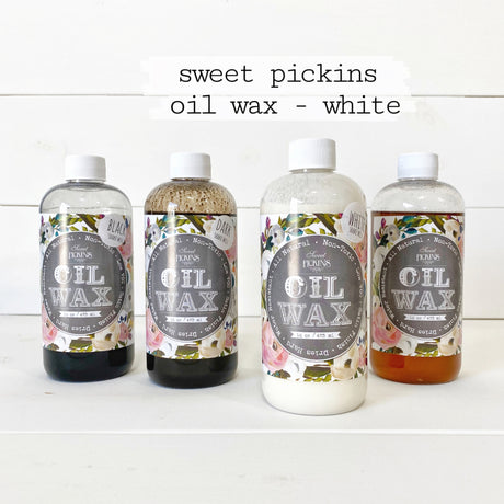 Four Sweet Pickins White Oil Wax bottles, Old Fashioned Milk Paint, with labeled bottle featured front and center.