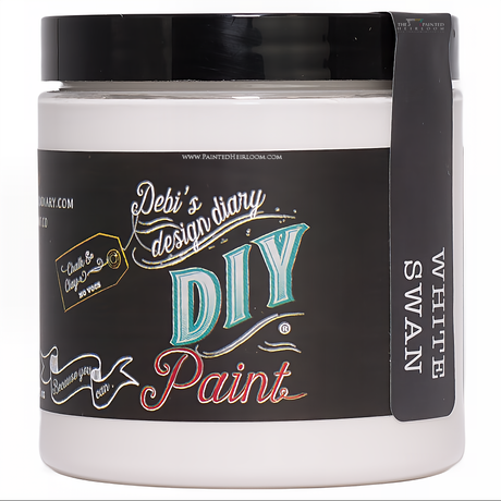 DIY Paint Co. White Swan paint jar with name and color shown on a vertical black label strip.