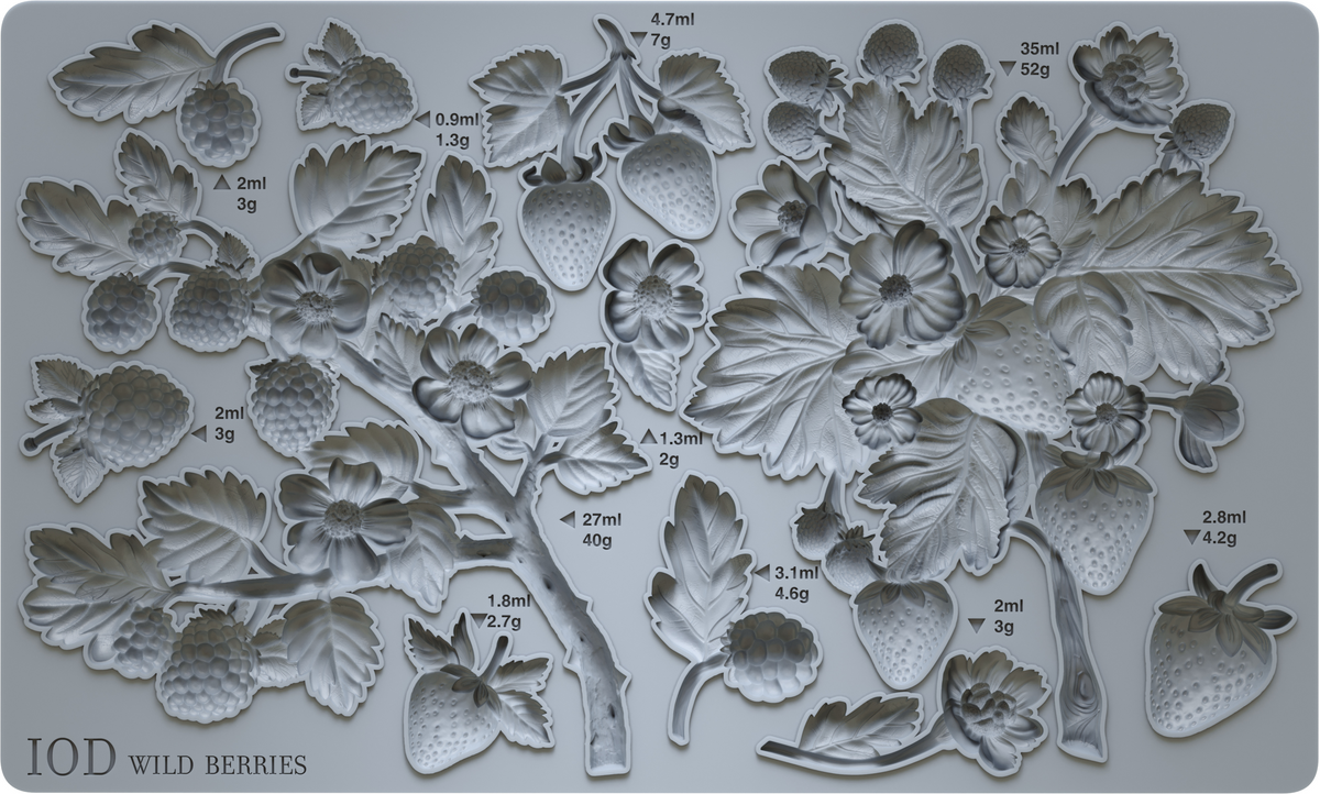 IOD Wild Berries Mould showing strawberry, raspberry, and leaf cluster shapes with volume and weight labels.