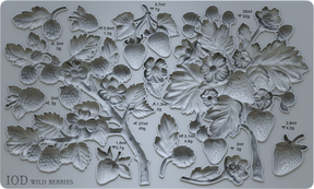 IOD Wild Berries Mould showing strawberry, raspberry, and leaf cluster shapes with volume and weight labels.