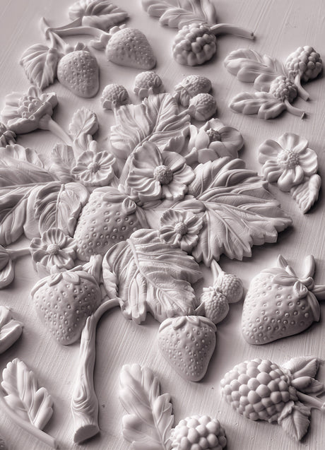 IOD Wild Berries Mould with monochrome leaves, strawberries, and berries design for spring-themed crafts.