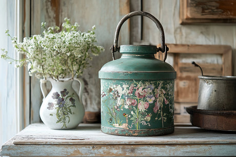Green tin with Wilde Bloemen Transfer by I.O.D. next to a white pitcher with floral design.