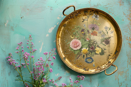 Vintage brass tray on turquoise with I.O.D. Wilde Bloemen Transfer and fresh floral accents.
