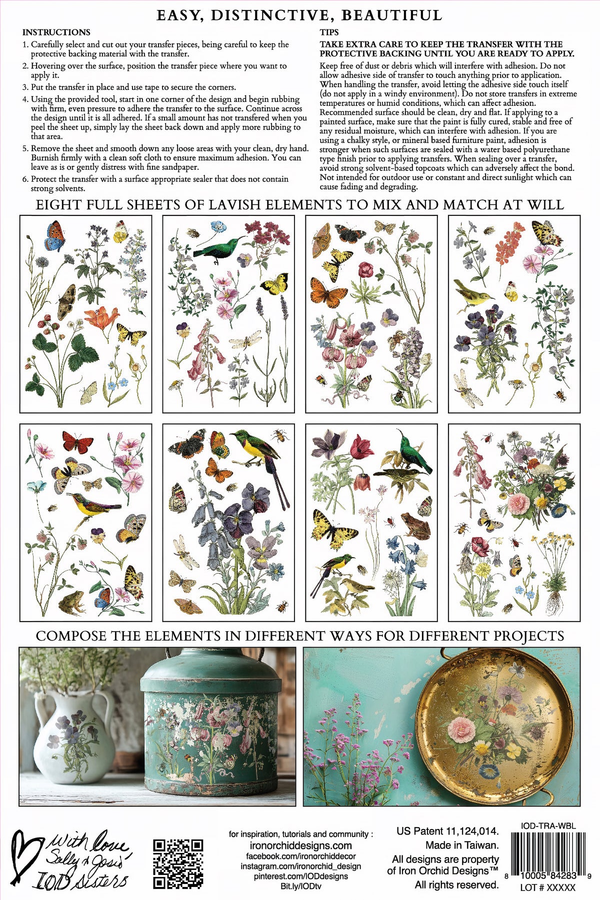I.O.D. Wilde Bloemen Transfer with botanical designs shown on a decorated tin for inspiration.