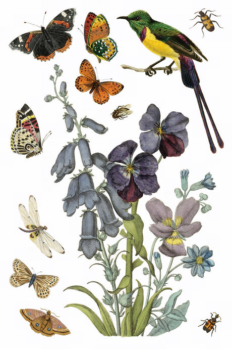 Wilde Bloemen Transfer by I.O.D. featuring butterfly and botanical motifs on a white background.