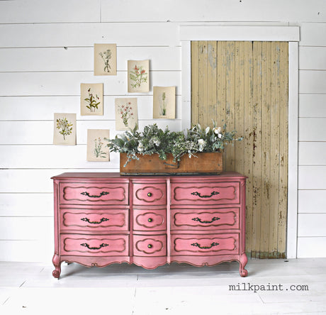 Dresser painted in Wildflower by Old Fashioned Milk Paint against a shiplap wall with plant artwork and greenery.