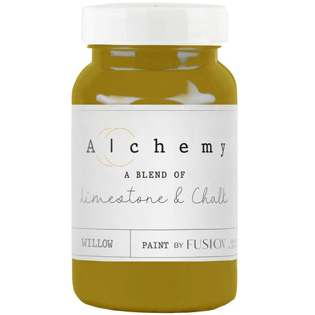 Yellow Willow Alchemy Paint jar by Fusion Mineral Paint, a chalk-style blend with limestone and chalk.