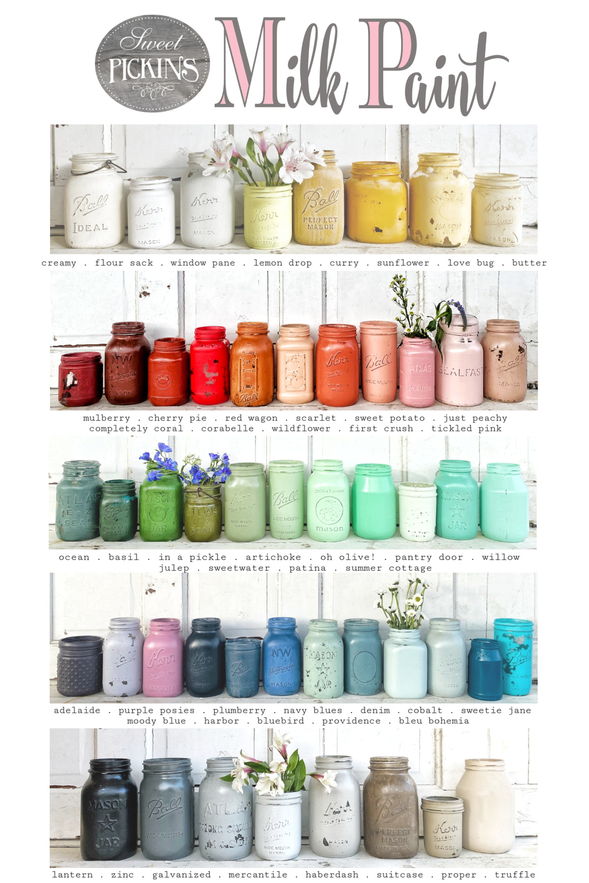 Old Fashioned Milk Paint Willow jars, non-toxic, arranged by color.