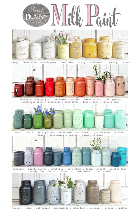 Old Fashioned Milk Paint Willow jars, non-toxic, arranged by color.