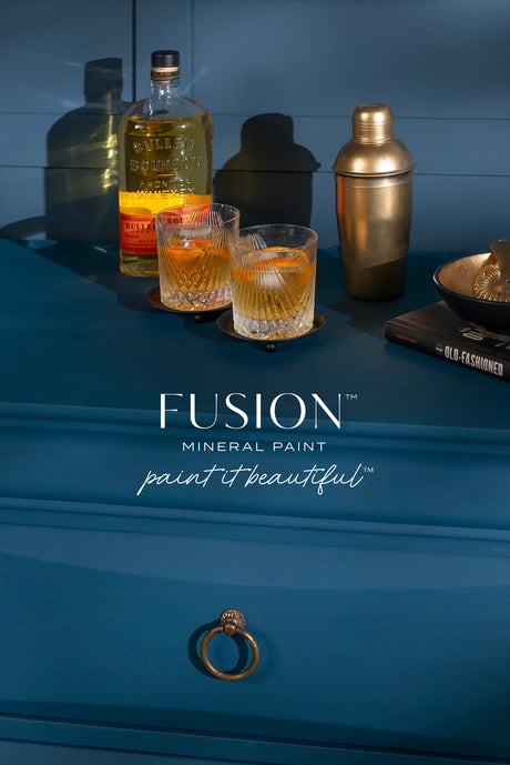 Blue dresser painted with Fusion Mineral Paint in Willowbank; text reads: Fusion Mineral Paint, paint it beautiful.
