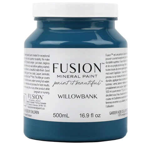 500 mL jar of Willowbank Fusion Mineral Paint, navy acrylic furniture paint with a white label.