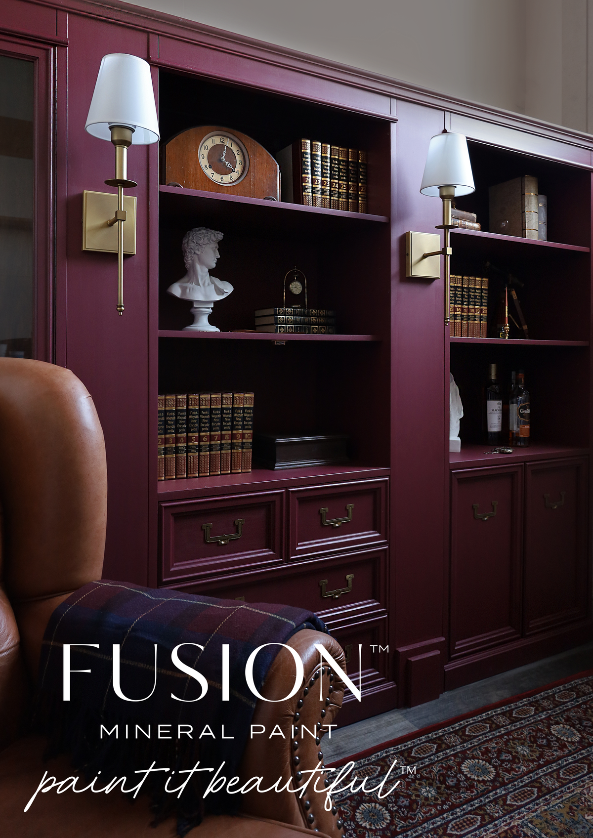 Burgundy bookshelves painted with Winchester Fusion Mineral Paint, featuring visible Fusion Mineral Paint branding.