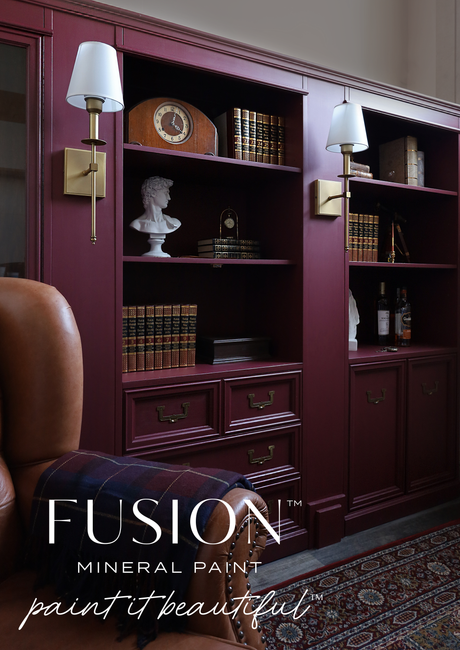 Burgundy bookshelves painted with Winchester Fusion Mineral Paint, featuring visible Fusion Mineral Paint branding.