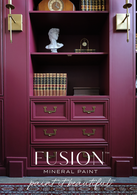Burgundy bookshelves with gold hardware painted in Winchester Fusion Mineral Paint by Fusion Mineral Paint.