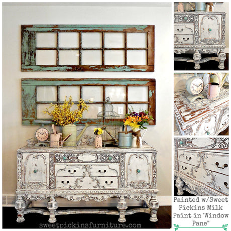 Distressed white sideboard with ornate detailing, floral accents, and Old Fashioned Milk Paint window panes above.