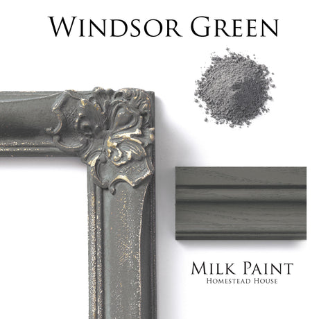 Windsor Green Milk Paint by Homestead House shown as powder, on a frame, and on a molding sample with product text.