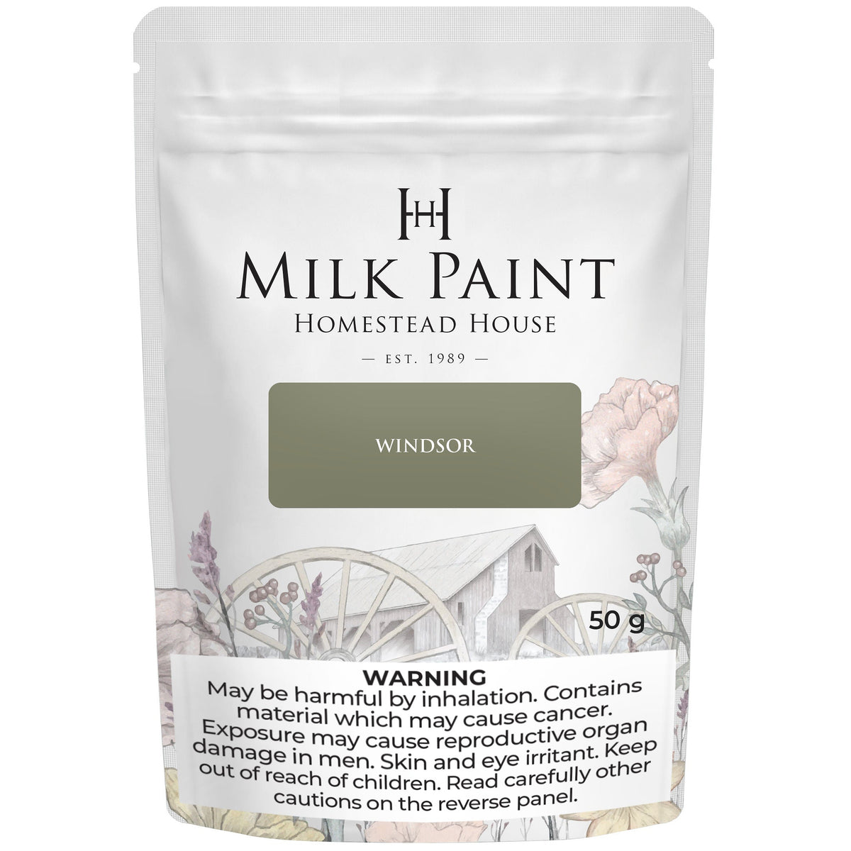 50g pouch of Windsor Green Milk Paint by Homestead House with safety warning at the bottom.