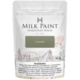 50g pouch of Windsor Green Milk Paint by Homestead House with safety warning at the bottom.