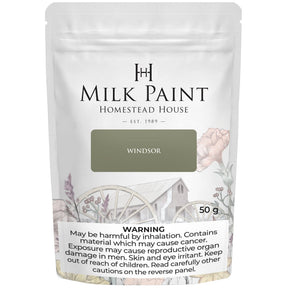 50g pouch of Windsor Green Milk Paint by Homestead House with safety warning at the bottom.
