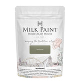 Homestead House Windsor Green Milk Paint, 330g pouch with floral and barn design; warning label at bottom.