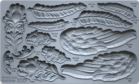I.O.D. Wings and Feathers Mould (Retired) silicone tray with labeled, feather-shaped mould cavities.