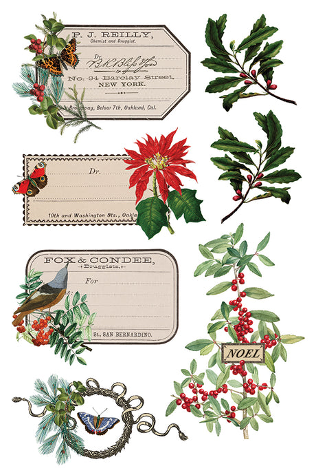 Winter Botanist Transfer (2025) by IOD with vintage holiday botanicals, holly, and birds for festive décor.