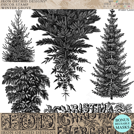 Five Winter Grove (2026 Limited Release) I.O.D. Stamp set featuring Christmas evergreen designs with product labels shown.