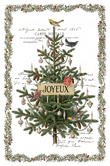 Winter’s Calling by I.O.D. vintage postcard art with Christmas tree, candles, ornaments, birds, and JOYEUX sign.