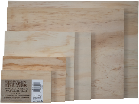 Six Iron Orchid Designs Wood Gallery Blanks, labeled and arranged by size for painting and crafts.