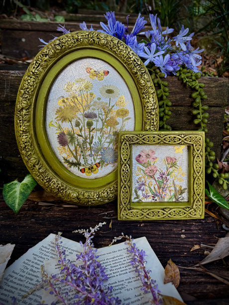 Two gold frames with botanical prints on steps, shown with I.O.D. Wood Gallery Blanks and open book pages.