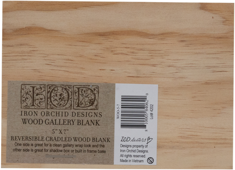 IOD Wood Gallery Blank 5x7 with barcode info attached, by Iron Orchid Designs (I.O.D.).